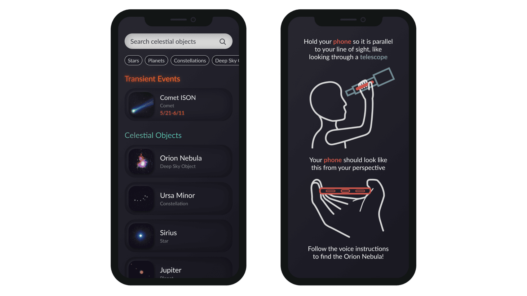 Screenshot of stargazing app mockups